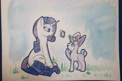 Size: 4024x2656 | Tagged: safe, artist:globug100art, imported from derpibooru, rarity, sweetie belle, pony, unicorn, animal costume, bunny costume, clothes, costume, duo, easter egg, female, filly, magic, mare, rarity's cutie mark, sibling love, sisterly love, sweetie belle's magic brings a great big smile, telekinesis, traditional art