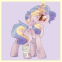 Size: 3000x3000 | Tagged: safe, artist:_spacemonkeyz_, imported from derpibooru, oc, oc only, oc:sugar stars, pony, unicorn, bandage, blushing, bruised, colored pinnae, magic, markings, pale belly, scar, sketch, solo, standing