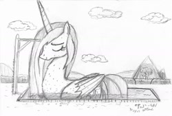 Size: 1435x971 | Tagged: safe, artist:johnerose126, imported from derpibooru, princess celestia, alicorn, pony, giant pony, giantlestia, macro, monochrome, sketch, solo, swimming pool, traditional art