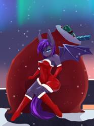 Size: 2600x3500 | Tagged: source needed, safe, artist:chapaevv, imported from derpibooru, oc, oc only, oc:crescentstar the batpony, anthro, bat pony, aurora borealis, bat pony oc, bat wings, bedroom eyes, boots, breasts, christmas, cleavage, clothes, evening gloves, gloves, holiday, long gloves, night, patreon, patreon reward, present, roof, shoes, snow, solo, tongue out, wings