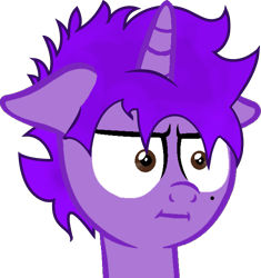 Size: 1897x2014 | Tagged: safe, artist:twilight_memes, imported from derpibooru, oc, oc only, oc:jão, pony, unicorn, :i, brown eyes, floppy ears, horn, i mean i see, meme, purple hair, simple background, solo, transparent background, unicorn oc