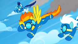 Size: 1280x720 | Tagged: safe, imported from derpibooru, screencap, fleetfoot, soarin', spitfire, pegasus, pony, newbie dash, clothes, female, flying, goggles, male, mare, stallion, uniform, wonderbolts, wonderbolts uniform