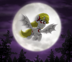 Size: 2500x2150 | Tagged: safe, artist:aarondrawsarts, imported from derpibooru, oc, oc only, oc:lucia nightblood, bat pony, pony, bat pony oc, bat wings, commission, fangs, flying, horn, jewelry, moon, necklace, night, solo, wings