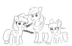 Size: 2241x1440 | Tagged: safe, artist:tjpones, imported from derpibooru, apple bloom, applejack, big macintosh, earth pony, pony, :p, apple siblings, apple sisters, brother and sister, female, male, mare, monochrome, pbbtt, raspberry, raspberry noise, siblings, silly, silly pony, simple background, sisters, stallion, tongue out, trio, white background, who's a silly pony