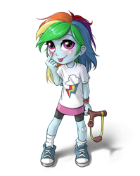 Size: 860x1080 | Tagged: safe, artist:vyazinrei, imported from derpibooru, rainbow dash, equestria girls, :p, bandaid, clothes, converse, cute, dashabetes, eyelid pull, female, filly, filly dash, filly rainbow dash, looking at you, shoes, simple background, slingshot, solo, tongue out, younger