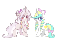 Size: 1800x1200 | Tagged: safe, artist:memengla, imported from derpibooru, oc, oc only, oc:memengla, pony, unicorn, derpibooru community collaboration, 2021 community collab, blushing, curved horn, duo, female, horn, mare, one eye closed, ribbon, simple background, transparent background, wink