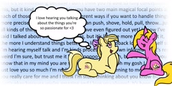 Size: 2000x1000 | Tagged: safe, artist:bryastar, imported from derpibooru, oc, oc only, oc:amber streak, oc:bright star, pegasus, pony, unicorn, dialogue, female, heart, heart eyes, love, oc x oc, shipping, talking, text, thought bubble, wingding eyes