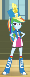 Size: 346x873 | Tagged: safe, imported from derpibooru, screencap, rainbow dash, equestria girls, friendship games, bedroom eyes, blue skin, boots, bracelet, chs rally song, clothes, compression shorts, cute, dashabetes, female, hand on hip, hands on hip, hat, indoors, jewelry, multicolored hair, pink eyes, rainbow hair, rainbow socks, sassy, shoes, shorts, shorts under skirt, skirt, socks, solo, striped socks, tomboy, wristband