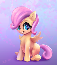 Size: 1513x1726 | Tagged: safe, artist:xbi, imported from derpibooru, fluttershy, pegasus, pony, abstract background, cute, female, filly, filly fluttershy, looking at you, mare, shyabetes, sitting, smiling, solo, spread wings, wings, younger