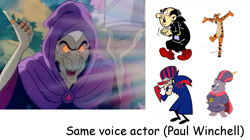 Size: 1719x960 | Tagged: safe, imported from derpibooru, beezen, bear, big cat, human, tiger, the revolt of paradise estate, adventures of the gummi bears, dick dastardly, exploitable meme, g1, gargamel, meme, paul winchell, same voice actor, the smurfs, tigger, wacky races, winnie the pooh, zummi gummi