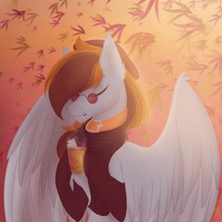 Size: 2048x2048 | Tagged: safe, artist:lunathemoongod, imported from derpibooru, oc, oc only, oc:fweemy, pegasus, pony, autumn, beautiful, bust, clothes, coffee, collar, cup, ear fluff, eyes closed, female, glasses, large wings, leaves, long mane, mare, pegasus oc, piercing, portrait, scarf, socks, solo, solo female, wings