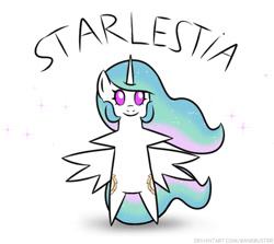 Size: 544x486 | Tagged: safe, artist:banebuster, imported from derpibooru, princess celestia, alicorn, pony, series:tiny tia, caption, female, looking at you, mare, pointy ponies, simple background, smiling, solo, spread wings, t pose, white background, wings