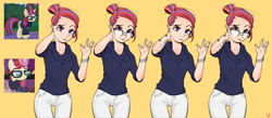 Size: 2982x1300 | Tagged: safe, artist:sugarelement, imported from derpibooru, moondancer, human, pony, unicorn, alternate hairstyle, clothes, colored, cute, dancerbetes, female, glasses, glowing horn, hair bun, horn, humanized, jeans, jewelry, magic, mare, necklace, pants, screencap reference, simple background, solo, sweater, tattoo, watch, wristwatch, yellow background