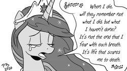 Size: 1200x675 | Tagged: safe, artist:pony-berserker, imported from derpibooru, twilight sparkle, alicorn, pony, the last problem, crown, crying, crylight sparkle, ethereal mane, eyes closed, female, halftone, immortality blues, jewelry, mare, monochrome, offset, older, older twilight, pony-berserker's twitter sketches, princess twilight 2.0, regalia, rise against, sad, singing, solo, song, starry mane, stippling, twilight sparkle (alicorn)