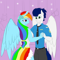 Size: 3000x3000 | Tagged: safe, artist:astrum, imported from derpibooru, rainbow dash, soarin', anthro, pegasus, a canterlot wedding, belt, bridesmaid dress, clothes, dancing, digital art, dress, dress shirt, duo, female, holding hands, lidded eyes, looking down, looking up, male, mare, necktie, pants, request, requested art, romantic, shipping, shirt, smiling, soarindash, stallion, straight, uniform, waltz, wings, wonderbolts dress uniform