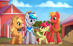 Size: 3616x2252 | Tagged: safe, artist:av-4, artist:avastin4, imported from derpibooru, apple bloom, applejack, big macintosh, oc, oc:hawker hurricane, earth pony, pegasus, pony, flower pot, self insert, tree