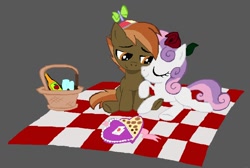 Size: 800x538 | Tagged: safe, artist:definitelynotme, artist:lockerobster, edit, imported from derpibooru, button mash, sweetie belle, earth pony, pony, unicorn, 1000 hours in ms paint, apple cider, colt, female, filly, hat, male, picnic, propeller hat, romance, shipping, straight, sweetiemash