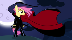 Size: 3433x1931 | Tagged: safe, artist:badumsquish, derpibooru exclusive, imported from derpibooru, li'l cheese, earth pony, pony, the last problem, alternate hairstyle, alternate manestyle, bipedal, cape, clothes, crossdressing, cybersix, frown, full moon, girly, hat, leather, leather gloves, makeup, male, moon, older, older li'l cheese, rooftop, show accurate, solo, stallion, standing, trap