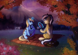 Size: 2048x1448 | Tagged: safe, artist:loonya, imported from derpibooru, oc, oc only, oc:skydreams, oc:tenebris, pegasus, pony, unicorn, artificial wings, augmented, autumn, bag, blanket, evening, food, horn, lake, looking at each other, mountain, pegasus oc, picnic, picnic blanket, scenery, sitting, talking, tea, tree, unicorn oc, wings