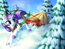 Size: 4000x3000 | Tagged: safe, artist:faline-art, imported from derpibooru, rarity, pony, unicorn, antlers, bells, female, hearth's warming eve, looking back, mare, pine tree, pulling, sleigh, smiling, solo, tree