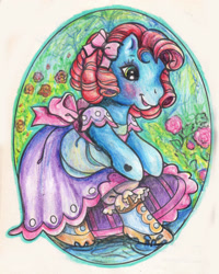 Size: 1540x1925 | Tagged: safe, artist:sharkledog, imported from derpibooru, oc, oc only, earth pony, pony, bipedal, blushing, clothes, dress, earth pony oc, female, g3, lipstick, open mouth, open smile, smiling, solo, traditional art