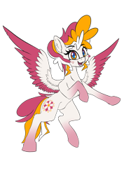 Size: 1029x1455 | Tagged: safe, artist:calena, imported from derpibooru, oc, oc only, oc:opalescent, pegasus, pony, derpibooru community collaboration, 2021 community collab, adorable face, colored wings, cute, female, freckles, looking at you, mare, multicolored wings, open mouth, simple background, smiling, solo, spread wings, transparent background, wings