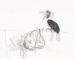 Size: 2000x1569 | Tagged: safe, artist:lady-limule, imported from derpibooru, oc, oc only, bird, pony, bed, inktober 2017, lineart, monochrome, sleeping, traditional art