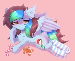 Size: 1962x1596 | Tagged: safe, artist:astralblues, imported from derpibooru, oc, oc only, oc:kiru, pegasus, pony, candy, chest fluff, clothes, cookie, cute, ear fluff, female, fluffy, food, hoof fluff, leg fluff, lying down, mare, shy, socks, solo, striped socks, wings