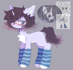 Size: 1773x1709 | Tagged: safe, artist:astralblues, imported from derpibooru, oc, oc only, pony, unicorn, averted gaze, bags under eyes, blushing, chest fluff, clothes, ear fluff, fluffy, glasses, hoof fluff, leg fluff, leg warmers, looking away, pale belly, ponysona, shy, skinny, socks, white belly