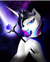 Size: 1000x1250 | Tagged: safe, artist:rxndxm.artist, imported from derpibooru, oc, oc only, oc:shooting star, pony, unicorn, evil grin, female, grin, horn, jewelry, mare, scepter, smiling, solo, tiara, unicorn oc