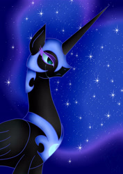 Size: 2893x4092 | Tagged: safe, artist:minelvi, imported from derpibooru, nightmare moon, alicorn, pony, ethereal mane, female, helmet, mare, peytral, simple background, solo, starry mane