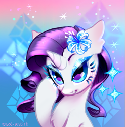 Size: 771x780 | Tagged: safe, artist:rrd-artist, imported from derpibooru, part of a set, rarity, pony, unicorn, abstract background, bust, chest fluff, colored hooves, cute, cutie mark background, eyelashes, eyeshadow, female, flower, flower in hair, gradient background, hoof polish, lidded eyes, makeup, mare, raribetes, sitting, smiling, solo, sparkles