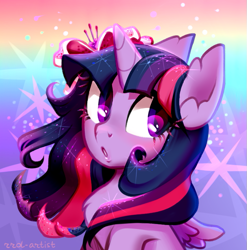 Size: 771x780 | Tagged: safe, artist:rrd-artist, imported from derpibooru, part of a set, twilight sparkle, alicorn, pony, :o, bust, chest fluff, cute, ear fluff, female, flower, flower in hair, mare, open mouth, solo, twiabetes, twilight sparkle (alicorn)