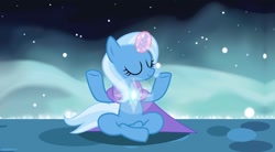 Size: 1280x704 | Tagged: safe, artist:acewiss, artist:disneymarvel96, artist:evilfrenzy, imported from derpibooru, trixie, pony, unicorn, brooch, cape, clothes, female, gem, glowing gems, meditation, sitting, solo, trixie's glowing brooch