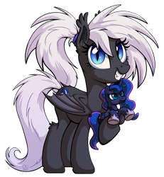 Size: 1992x2160 | Tagged: safe, artist:pirill, imported from derpibooru, princess luna, oc, oc only, oc:stargazer, bat pony, pony, derpibooru community collaboration, 2021 community collab, bat wings, cutie mark, ear fluff, fangs, female, grin, hair tie, looking at you, mare, plushie, ponytail, simple background, slit pupils, smiling, solo, standing, transparent background, wings