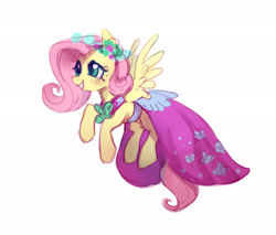 Size: 2229x1896 | Tagged: safe, artist:lunnita_pony, imported from derpibooru, fluttershy, pegasus, pony, a canterlot wedding, alternate hairstyle, bridesmaid dress, clothes, cute, dress, female, mare, shyabetes, simple background, smiling, solo, white background