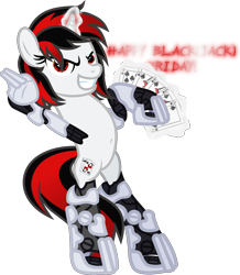 Size: 5006x5734 | Tagged: safe, artist:lincolnbrewsterfan, derpibooru exclusive, imported from derpibooru, oc, oc only, oc:blackjack, cyborg, pony, unicorn, fallout equestria, fallout equestria: project horizons, series:blackjack friday, 10 of spades, 2020, ace of spades, alternate hairstyle, amputee, belly button, bipedal, black friday, blackjack friday, card, cybernetic legs, determined, fanfic art, female, happy black friday, happy black friday 2020, jack of spades, king of spades, level 1 (project horizons), mare, playing card, queen of spades, rearing, royal flush, scratch (font), scratch font, simple background, smiling, smiling at you, solo, spades, standing, standing on two hooves, transparent background, vector