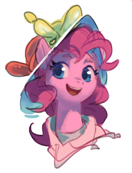 Size: 610x799 | Tagged: safe, artist:luciferamon, imported from derpibooru, pinkie pie, earth pony, pony, balloon, balloon hat, bust, clothes, cute, diapinkes, female, hat, hoodie, mare, open mouth, portrait, simple background, solo, white background, wip