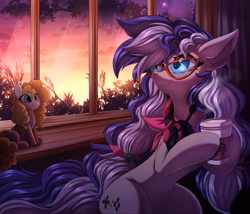 Size: 5625x4821 | Tagged: safe, alternate version, artist:ask-colorsound, imported from derpibooru, pear butter, oc, oc only, oc:cinnabyte, earth pony, pony, absurd resolution, adorkable, bandana, cinnabetes, clothes, coffee, cottagecore, cute, dork, female, gaming headset, glasses, headphones, headset, meganekko, plushie, smiling, solo, sunset