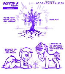 Size: 896x1024 | Tagged: safe, artist:jcosneverexisted, imported from derpibooru, sandbar, silverstream, tree of harmony, hippogriff, hybrid, pony, uprooted, colt, dialogue, female, lying, male, sandbar is a goddamn moron, season 9 doodles, teenager, text