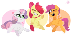Size: 6847x3602 | Tagged: safe, artist:t-whiskers, imported from derpibooru, apple bloom, scootaloo, sweetie belle, earth pony, pegasus, pony, unicorn, absurd resolution, blank flank, bow, cute, cutie mark crusaders, eyes closed, female, filly, hair bow, heart, one eye closed, open mouth, smiling, trio, wink