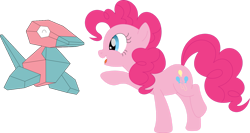 Size: 1225x652 | Tagged: safe, artist:porygon2z, imported from derpibooru, pinkie pie, earth pony, pony, porygon, duo, open mouth, pokémon, simple background, transparent background, vector