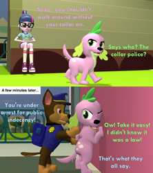 Size: 1920x2160 | Tagged: safe, artist:red4567, imported from derpibooru, sci-twi, spike, spike the regular dog, twilight sparkle, dog, german shepherd, human, equestria girls, 3d, against wall, arrested, chase (paw patrol), crossover, missing accessory, paw patrol, police officer, source filmmaker, tempting fate