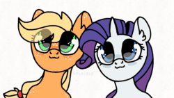 Size: 1280x720 | Tagged: safe, artist:valkiria, derpibooru exclusive, imported from derpibooru, applejack, rarity, earth pony, pony, unicorn, :p, animated, big eyes, cute, duo, duo female, female, flipaclip, frame by frame, gif, horn, jackabetes, mlem, raribetes, silly, silly pony, simple background, tongue out, white background