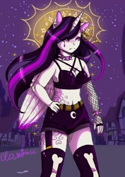 Size: 1240x1754 | Tagged: safe, artist:brot-art, artist:ciown-prince, imported from derpibooru, princess celestia, alicorn, anthro, between dark and dawn, alternate hairstyle, clothes, female, fishnets, garter belt, goth, hand on hip, horn, human facial structure, midriff, night, outdoors, punklestia, socks, solo, stars, thigh highs, wings