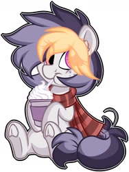 Size: 1088x1448 | Tagged: safe, artist:missbramblemele, imported from derpibooru, oc, oc only, oc:liquorice sweet, earth pony, pony, clothes, commission, cup, drink, drinking, drinking straw, eye clipping through hair, female, freckles, looking at you, mare, scarf, simple background, smiling, solo, underhoof, white background, ych result