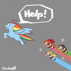Size: 1486x1487 | Tagged: safe, artist:gamorangetana, imported from derpibooru, rainbow dash, pegasus, pony, double rainboom, blossom (powerpuff girls), bubbles (powerpuff girls), buttercup (powerpuff girls), cartoon network, chase, crossover, floating heart, flying, heart, open mouth, powerpuffified, running, the powerpuff girls