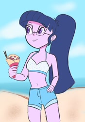 Size: 1024x1462 | Tagged: dead source, safe, artist:pettypop, imported from derpibooru, sci-twi, twilight sparkle, equestria girls, beach, belly button, bikini, bikini top, clothes, cloud, cute, denim shorts, eyebrows, eyebrows visible through hair, female, food, glasses, hand on hip, happy, holding, ice cream, looking right, midriff, outdoors, ponytail, purple eyes, purple skin, sand, shorts, sleeveless, smiling, solo, solo female, strawberry, swimsuit, tomboy, twiabetes, water