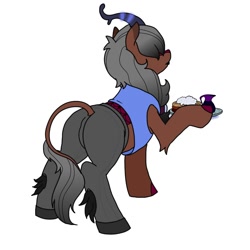 Size: 1200x1200 | Tagged: safe, artist:pony quarantine, imported from derpibooru, oc, oc only, oc:kaumaha ekahi, kirin, butt, clothes, female, food, hair over eyes, hoof hold, kirin oc, pancakes, pants, plot, rear view, shirt, simple background, solo, waitress, whipped cream, white background