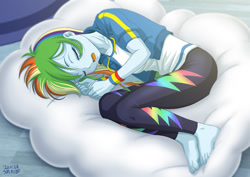 Size: 1200x848 | Tagged: safe, artist:uotapo, imported from derpibooru, rainbow dash, equestria girls, equestria girls series, barefoot, beanbag, clothes, cloud, cute, dashabetes, drool, eyes closed, feet, female, missing shoes, sleeping, solo